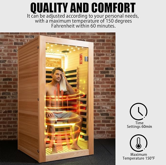 RIGO Single-Person Infrared Sauna Cabin, 1350W okoumé Wood Home Sauna Cabin 35.43×35.43×70.87 inches, Featuring a Starry Sky Light with Colour-Changing LED Strip Lighting, Indoor Personal Sauna spa.
