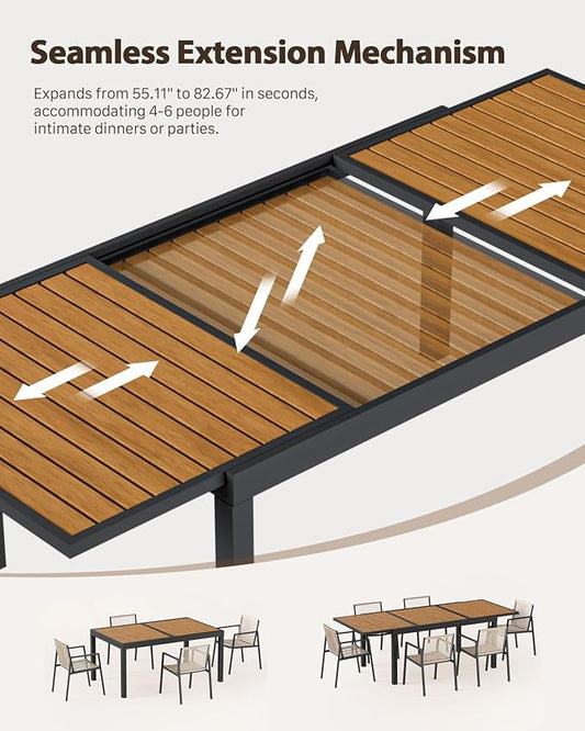 ZANDOR Expandable Patio Dining Table for 4-8 People, Aluminum Outdoor Square Table(55"-82.7") with Safety Lock,Adjustable Height-Wood Grain for Backyard,Garden,Porch, Yard,Poolside,Grey
