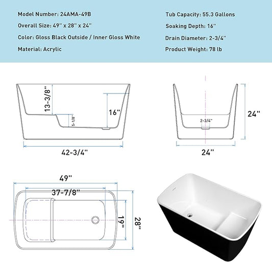 49'' x 28'' Sleek White Acrylic Freestanding Soaking Tub, Sit-In Design with Chrome Overflow and Drain cUPC Certified Easy Installation (Black)