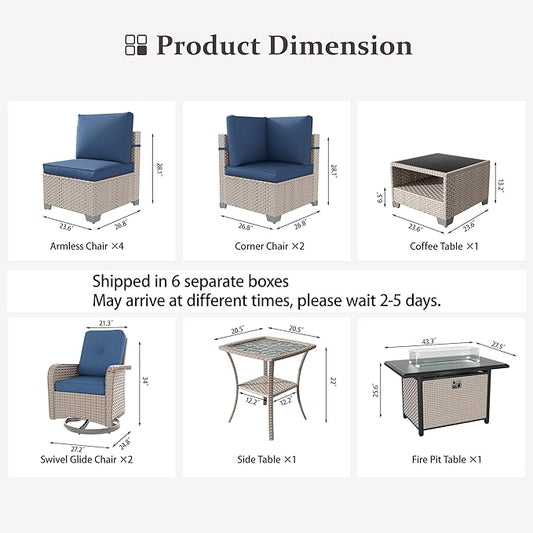 11 Pieces Patio Furniture Set with Fire Pit Table, Outdoor Sectional Wicker Sofa with Thick Cushions, High Back Swivel Rocker Patio Chairs, Rattan Conversation Set with Coffee Table, Navy