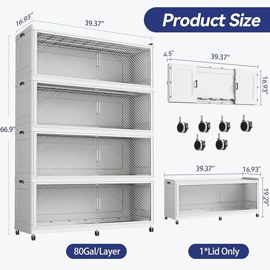 320 Gallon Extra Large Collapsible Storage Bin with Lid, 960QT Stackable Plastic Organizer with 6x Wheels, Foldable Drawer Cabinet for Closet, Living Room Office, Kitchen 4Pack, White