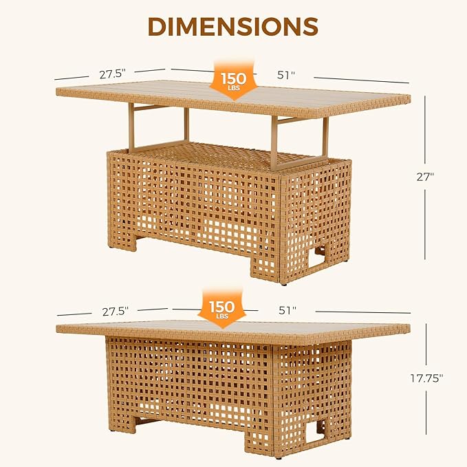 Grand patio Outdoor & Indoor Coffee Dining Table -Wicker Rattan, Adjustable Slat Lift Top, Picnic, Storage Shelf - Beige