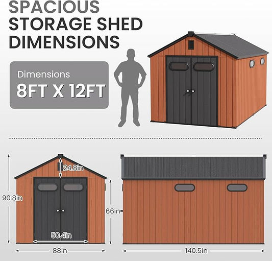 CRESTLIVE 8x12 FT Rust-Resistant Plastic Outdoor Storage Shed, Waterproof Resin Garden Shed with Floor, Doors, Skylight & Vent for Lawn Tools & Bikes