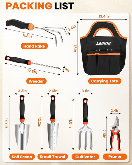 Garden Tool Set, 7 Piece Stainless Steel Heavy Duty Gardening Tool Set, with Non-Slip Rubber Grip, Storage Pocket, Ideal Garden Tool Kit Gift for Women/Parent (7-Piece Set)