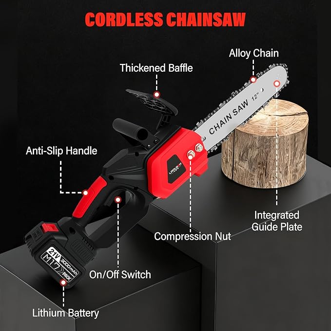 ALSO GO 12-inch Electric Chainsaw Cordless, 21V Battery Powered Chainsaw, Brushless Chain Saw with a 3.0Ah Battery, a Chain and a Charger Included, for Tree Trimming, Wood Cutting, Pruning