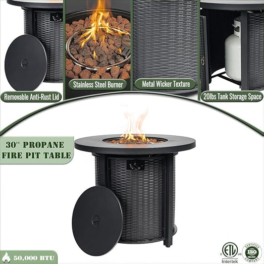 30" Propane Gas Fire Pit Table, 50000 BTU Round Steel Fire Pit Steel Lid & Lava Rock for Outside Patio Deck Garden Courtyard-Black