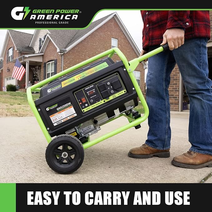 Green-Power America Dual Fuel Portable Generator 5250 Watt Gas or Propane Powered, Manual Recoil Start, 120v and 240v AC output, 12V-8.3A Charging Outlets, Home Back Up & RV Ready