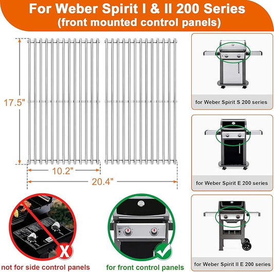 GasSaf 304SS Grill Grates 17.5x10.2 for Weber Spirit 200, GS4 Spirit II 200, Cooking Grates for E210 E220 S210 S220 Gas Grills(Front-Control), Replacement Parts for Weber 7637, 2-Pack 17.5" BBQ Parts