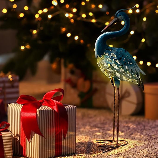 HONGLAND Solar Metal Crane Statue Garden Heron Sculpture, Outdoor Heron Yard Art Coastal Ocean Bird Decor Lawn Ornament for Backyard Porch Patio Decor(30 Inch)