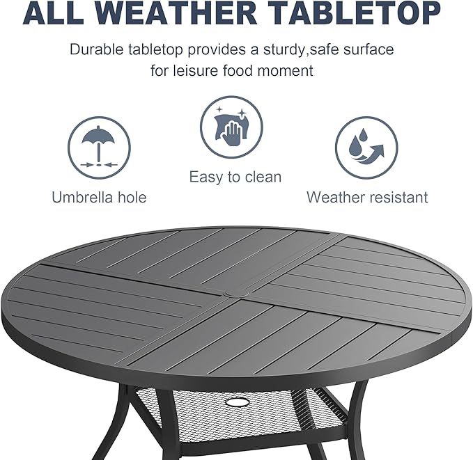VICLLAX Round Patio Dining Table, 4 Person Metal Outdoor Dining Table with Umbrella Hole and Storage Shelf for Garden Lawn Deck, 40.6" Black