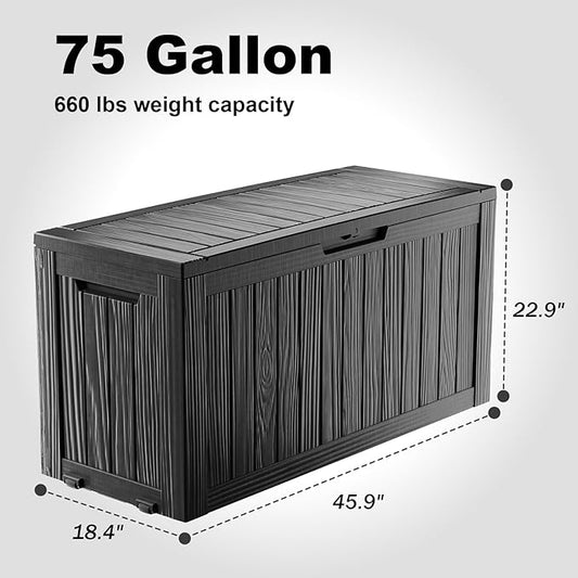 ROJIK Outdoor Storage Box with Wheels,75 Gallon Waterproof Resin Deck Box, Lockable Storage for Patio Cushions,Garden Tools,Pool Accessories,UV-Resistant Storage Bench for Backyard & Deck(Black)