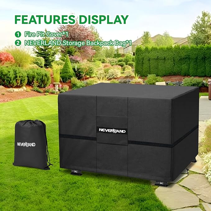 NEVERLAND Fire Pit Cover Square 28 Inch - Waterproof Outdoor Firepit Covers Square for 24-28 Inches 600D Oxford Patio Gas Fire Pit Table Covers with Buckle Straps and Air Vent, 28 x 28 x 25 Inch Black