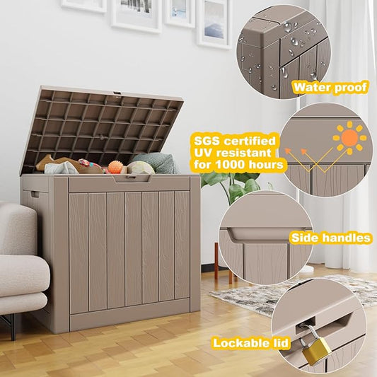 Vixzen 30 Gallon Resin Deck Box, Lockable Outdoor Storage Box for Patio Cushions Storage Furniture,Garden Tools, Pool Supplies, Weatherproof and UV Resistant- Grey