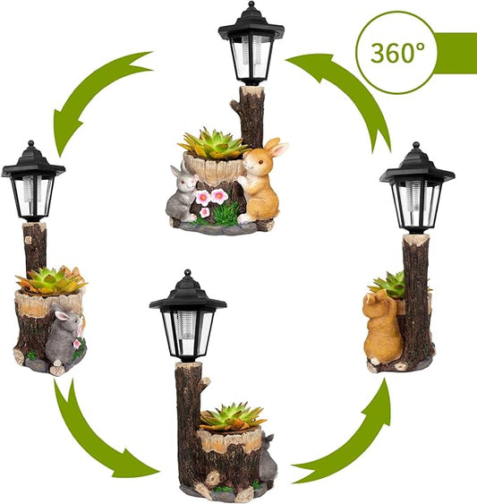 YEPOTUE Solar Bunny Garden Stalue Outdoor, Rabbits Figurine Flowerpot Decolwith Solar Lantem for Yard Art Lawn Ornaments Porch Patio Balcony - Gardening Gifts for Women Mom