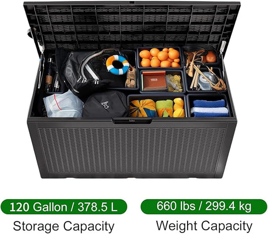 120 Gallon Outdoor Storage Box,Waterproof Lockable Resin Deck Box,Storage Container with Reinforced Support for Patio Cushions, Furniture Supplies, Garden Tools, UV-Resistant Outdoor Chest (Black)