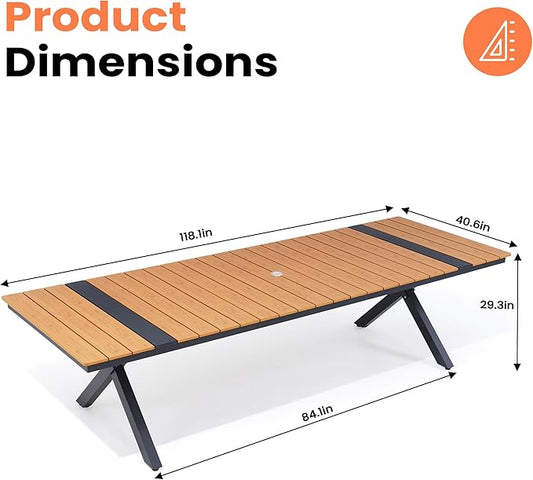 Pellebant 118" Outdoor Dining Table for 8-12, Aluminum Patio Dining Table with Umbrella Hole, Waterproof Wood-Like Tabletop for Lawn Garden Backyard, Brown