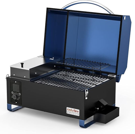 BBQ Wood Pellet Grill Smoker with Digital Control, Meat Probe & 2 Tiers Cooking Area, Portable Tabletop Grilling Stove for BBQ, Smoke, Bake and Roast, RV Camping, Blue GS313