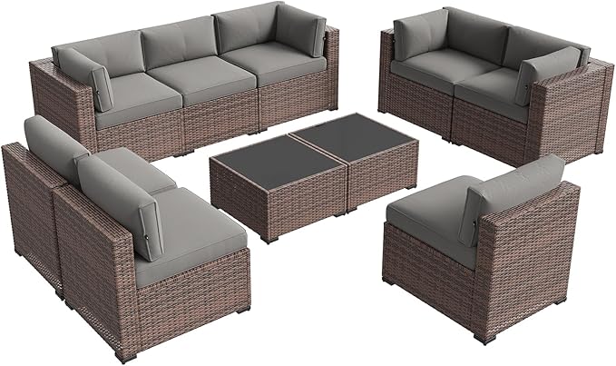 Aoxun Patio Furniture Sets, 10-Piece Outdoor Patio Furniture with Thick Cushions, Wicker Outdoor Conversation Set Sectional Sofa for Backyard, Poolside, Garden