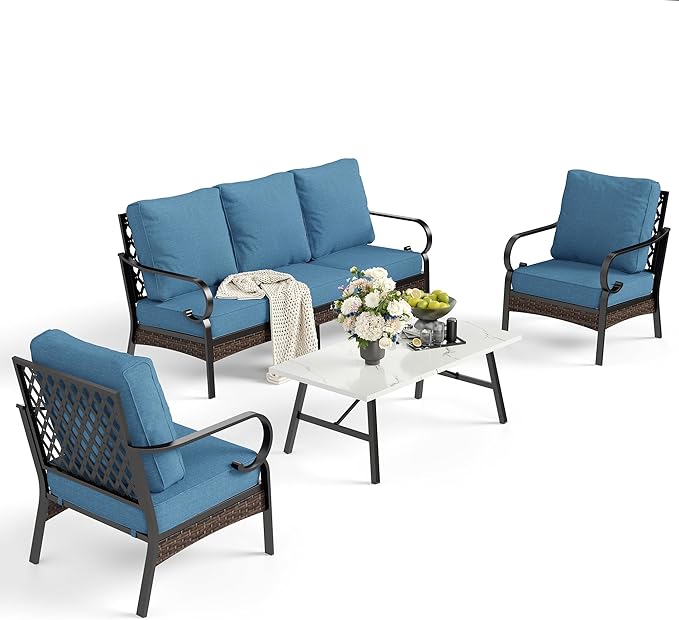 4 Piece Metal Outdoor Patio Furniture Set, Patio Conversation Sets 1 3-Seater Sofa, 2 Chairs with 5.75" Extra Thick Cushion and Coffee Table, Black Frame Backyard Furniture, Denim Blue