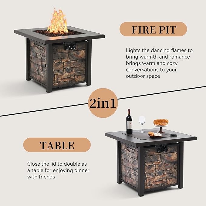 32'' Propane Fire Table for Ourdoor, Sintered Stone Tabletop & Polyresin Natural Stone Base, 50000 BTU Gas Fire Pit Table for Outside Patio and Garden, with Lava Rock