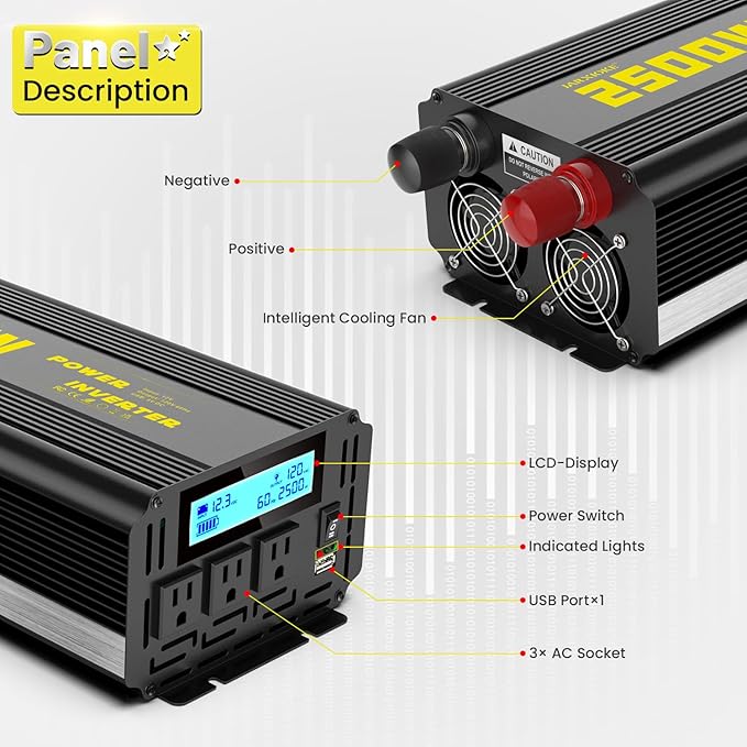 2500 Watt Modified Sine Wave Power Inverter, 12V DC to AC 110V/120V (Peak) 5000W Converter 3 Outlet Car Inverter with Remote Control and LED Display 3.4V USB Port