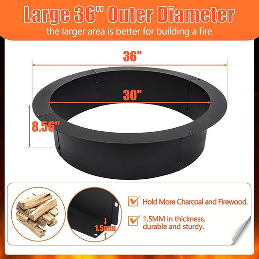 Fire Pit Ring 36-Inch Outer/30-Inch Inner Diameter for Outside, Heavy Duty Steel Wood Burning Fire Pit Ring Insert, DIY Ring Insert, Easy Setup Above or In-Ground for Backyard, Camping, Black