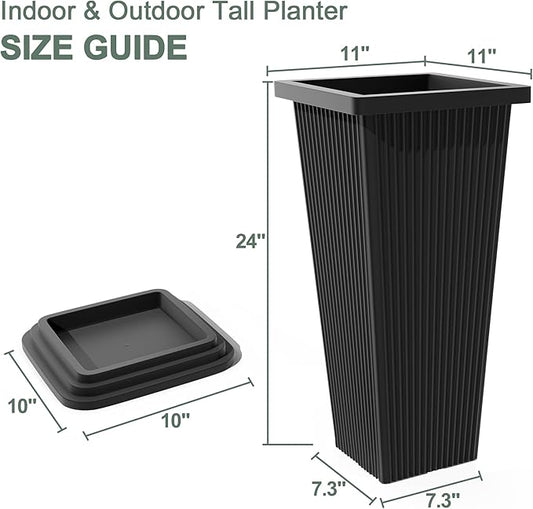 Tall Planters Set of 2, Large Indoor Outdoor Flower Pots with Tray Modern Tapered Planter for Patio, Garden, Porch, Backyard (Black Ribbed)