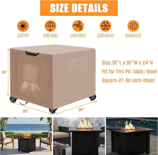 Kovshuiwe Porch Shield Fire Pit Cover Square-600D Fabric Waterproof and Resistant, Fits Outdoor For 27-30 Inch Fire Pit /Table Cover, Gas Fire Pit Cover-30"L x 30"W x 24"H, Khaki