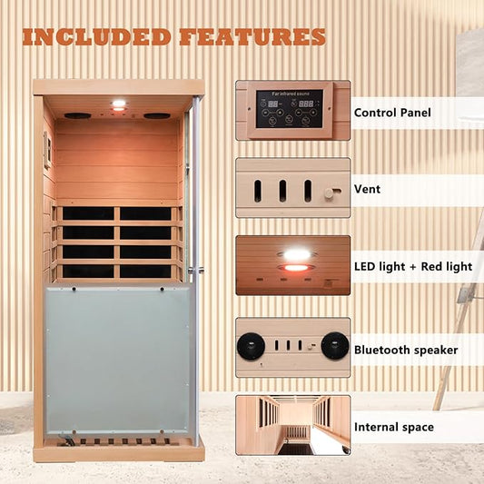 LTCCDSS 1 Person Infrared Sauna, Infrared Sauna for Home, 1060W Sauna with Red Lamp, Bluetooth Speakers, Indoor Lamp, 2 Tempered Glass Door, Hemlock Sauna Right Door