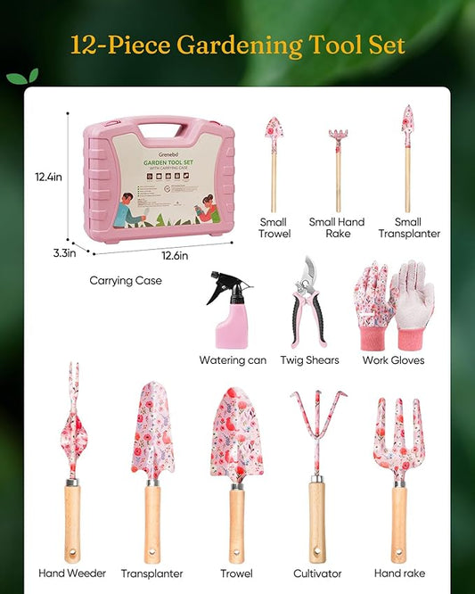 12-Piece Womens Gardening Tools Gift Set, Rust-Proof & Heavy-Duty Garden Tools with Durable Carrying Case, Fashionable & Thoughtful Gardening Gifts for Women&Men (Pink)