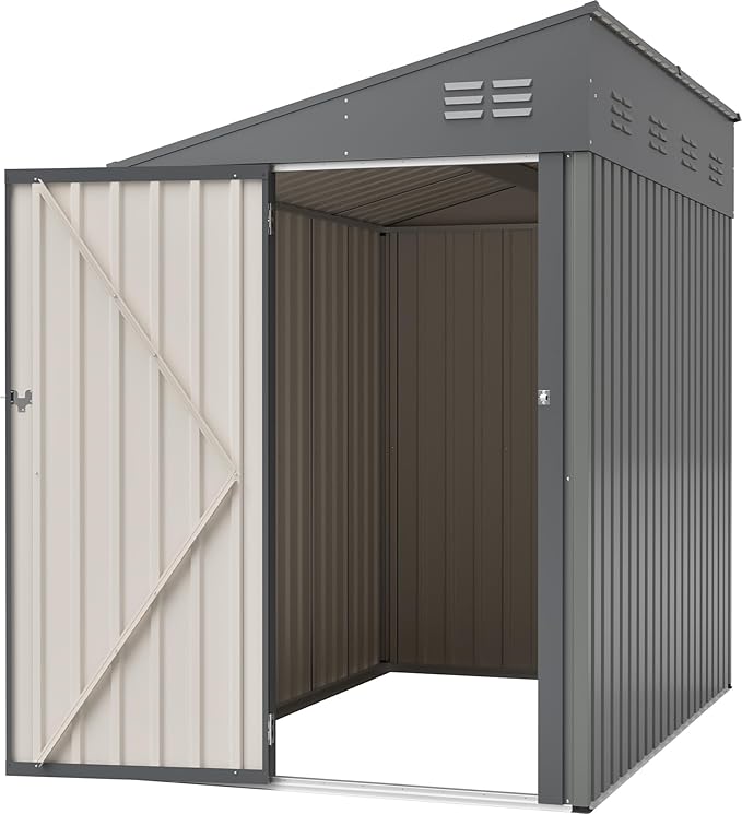 4x7 FT Metal Outdoor Storage Shed, Lean-To Garden Tool and Bike Shed with Lockable Door and Air Vents, Waterproof Sloped Roof Steel Utility Shed for Backyard, Patio,Lawn Equipment, Olive Gray