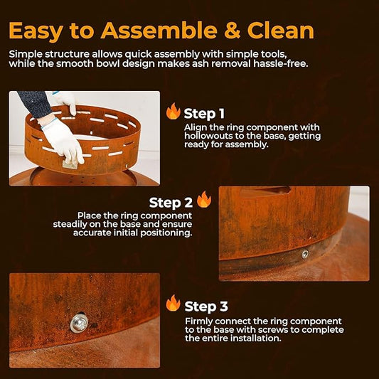 KOL 27.5in Round Fire Pit with Base – Heavy-Duty Free-Standing Garden Fire Pits for Outside, Pre-Rusted Deep Fire Bowl for Terrace, Backyard, Patio, Deck & Camping Bonfire