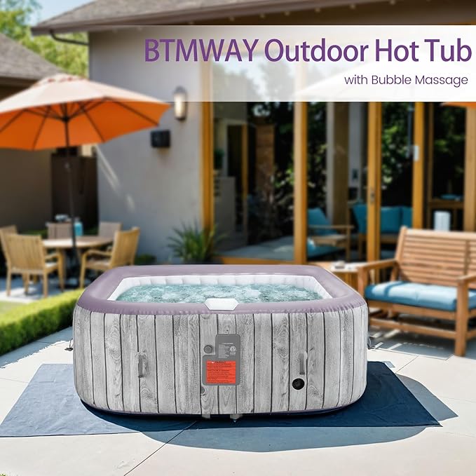 73" Inflatable Hot Tub,4-6 Person, Portable Outdoor Spa with 130 Soothing Bubble Jets, Smart Heating, Insulated Cover and 6 Replaceable Filters, PE Floor Mat, 110-120V Input (Square)