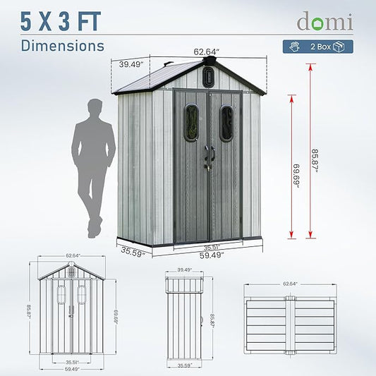 Domi 5x3 FT Outdoor Resin Storage Shed, All-Weather Double-Wall Storage Building for Backyard, Garden, Lawn Tools, Mower, Bike & Pool Equipment, Lockable Doors, Ventilated Roof, Grey