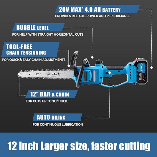JOVANT 12 Inch Electric Chainsaw Cordless, 20V Battery Powered Cordless Chain Saw, Chainsaw with 1 * 4.0Ah Battery and Charger for Wood Cutting, Tree Trimming and Branch Pruning