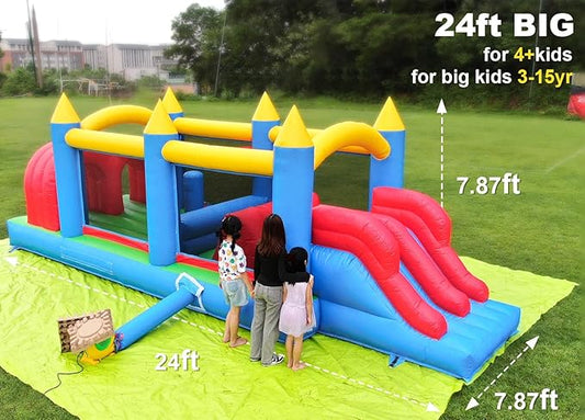24FT Commercial Grade Inflatable Obstacle Course, (100% PVC) Bounce House for Big Kids 5-12 & Adult, with 2 Slides, (950w Blower), Bouncy House for Backyard Outdoor Birthday Party Decor