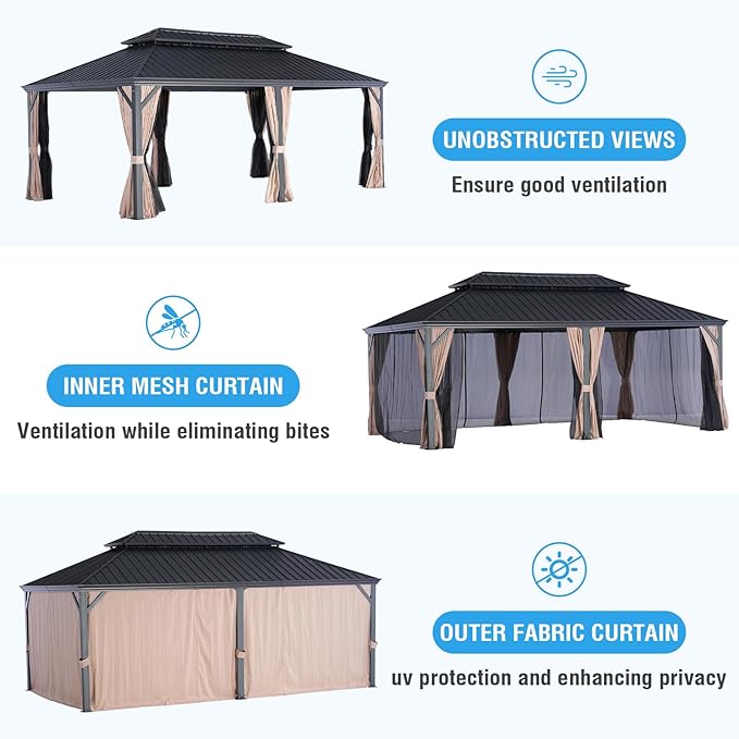 LeDoasis Blazar 12' X 20' Hardtop Gazebo, Outdoor Aluminum Canopy with Permanent Galvanized Steel Double Roof with Netting & Curtain for Patio Lawn and Garden