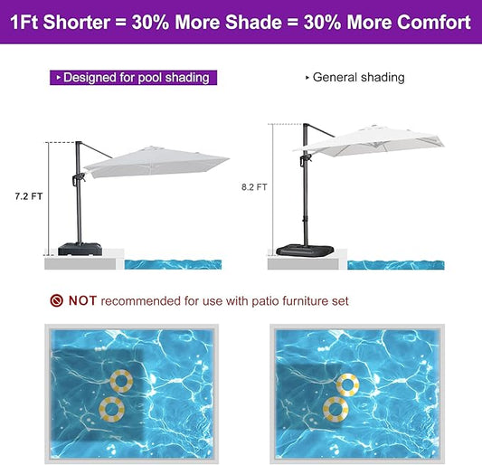 PURPLE LEAF 8' X 8' Patio Umbrella with Base for Pool 7' High Offset Outdoor Cantilever Umbrella Swimming Pool Umbrella with 360°Rotation for Poolside Grey