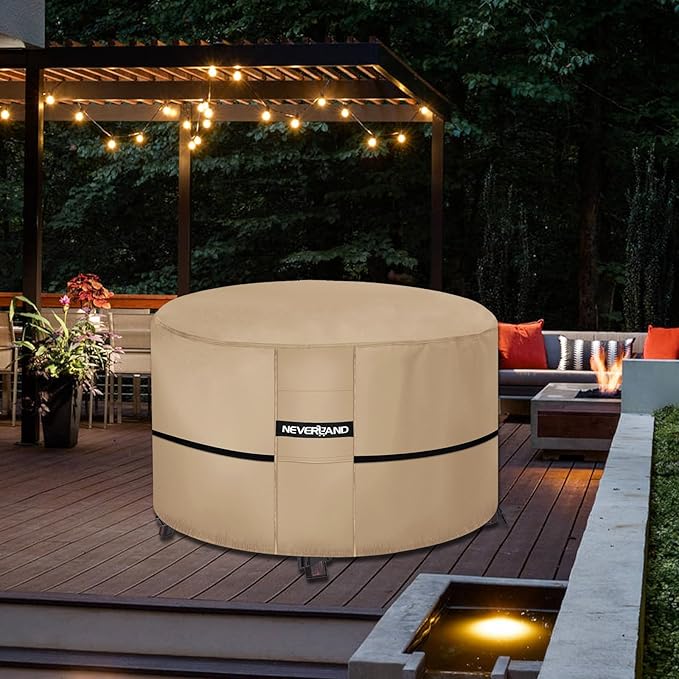 NEVERLAND Fire Pit Cover Round 34 Inch,Waterproof Outdoor Firepit Covers Round for 31-34 Inches 600D Oxford Heavy Duty Patio Gas Fire Pit Covers with 4 Buckle Straps and Air Vents, 34 x 15 Inch Golden