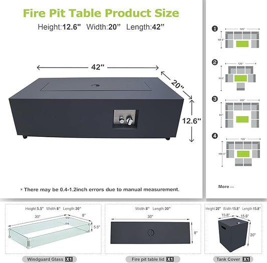 42 inch Propane Fire Pit Table, 2 in 1 Outdoor Fire Pit with 20lb Tank Cover, Outside Patio Deck and Garden, LED Gas Fireplace Table with Lid and Stone, 50,000 BTU Adjustable Flame, Black