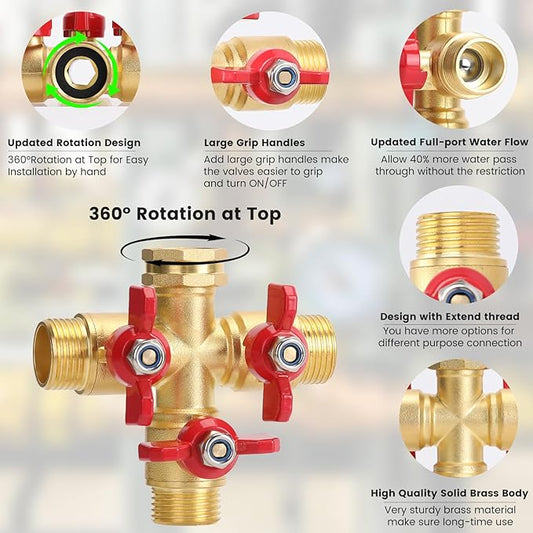 Garden Hose Splitter 3 Way, Heavy Duty 3-Way Brass Valve Garden Hose Splitter With Stainless Steel Long Handle, Full Flow Hose Splitter Connector, Valve 3/4 Inch GHT Thread