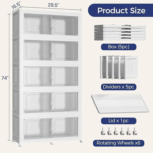 800 QT Extra Large Stackable Storage Bins with Lid, 200 Gal Collapsible Storage Box with Wheels, Folding Closet Organizers and Storage Cabinet with Doors for Home, Kitchen, Office, 5Pack White