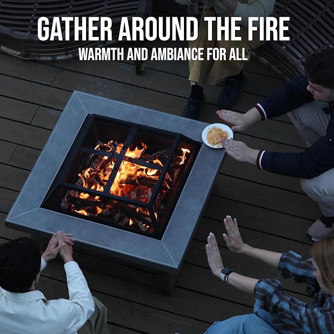 Firepits for Outside,Wood Burning Fire Pit with Wood-Grain Side Panels,Firepit for Outside with Mesh Cover & Fire Poker,Square Modern Outdoor Fireplace Fire Table. (Countryside)