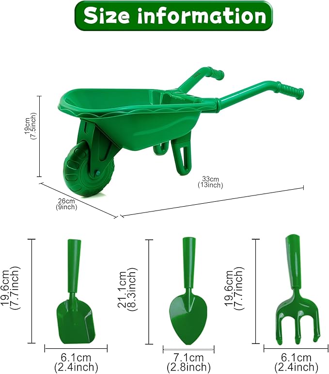 Duckura Kids Wheelbarrow Set - Gardening Tools for Kids with Shovel, Rake, Trowel, Outdoor Yard Lawn Digging Weed Toys, Valentine's Birthday Gifts for Boys Girls Age 2 3+Years Old(Green B)