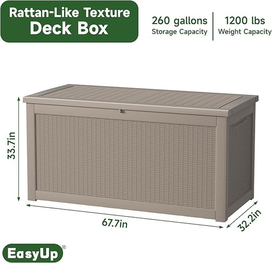 EasyUp 260 Gallon Outdoor Storage Box Waterproof, UV Resistant Resin Deck Box with Hydraulic Rod, Reinforced Stability for Patio, Garden, Rattan Gray