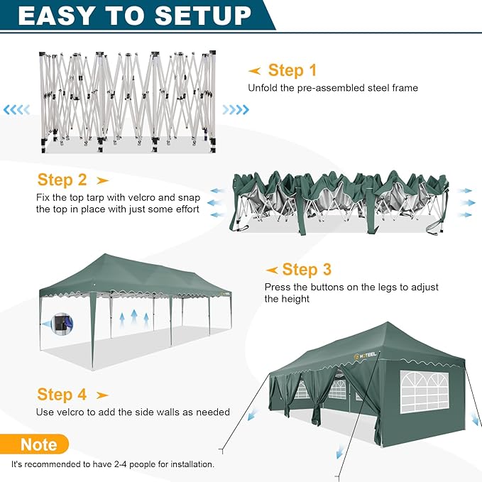 HOTEEL 10x30 Pop Up Canopy with 8 Sidewalls, Easy Setup Party Tent with Weight Bags, Wheeled Bag, Waterproof Event Shelter with Extra Roof Height for Backyard, Wedding (Green Gray)