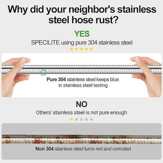 SPECILITE 175ft 304 Stainless Steel Garden Hose Metal, Heavy Duty Water Pipe with Nozzles for Yard, Outdoor - Flexible, Never Kink & Tangle, Puncture Resistant (Sliver)