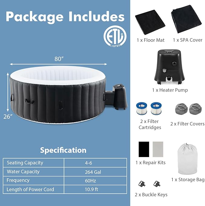 GYMAX Hot Tub, Inflatable Hot Tub with 130 Soothing Bubble Air Jets, Insulated Lockable Cover, Ground Mat & Filter Cartridges, Outdoor Blow Up Spa Tub for Backyard, Patio (Round, 4-6 Person)