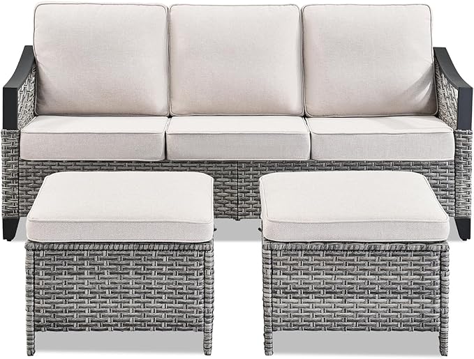 Outdoor Patio Furniture Sofa Set - 3 Pieces PE Wicker Patio Furniture Section Couch with Multifunctional Ottoman, All Weather Patio Conversation Set for Deck Balcony Garden Gray/Beige