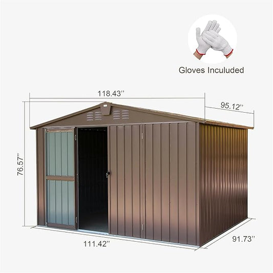 10x8ft Outdoor Storage Shed, Galvanized Steel Garden Shed with Gable Roof, Lockable Double Doors and 32 Vents, Large Bike and Tool Storage for Backyard Lawn